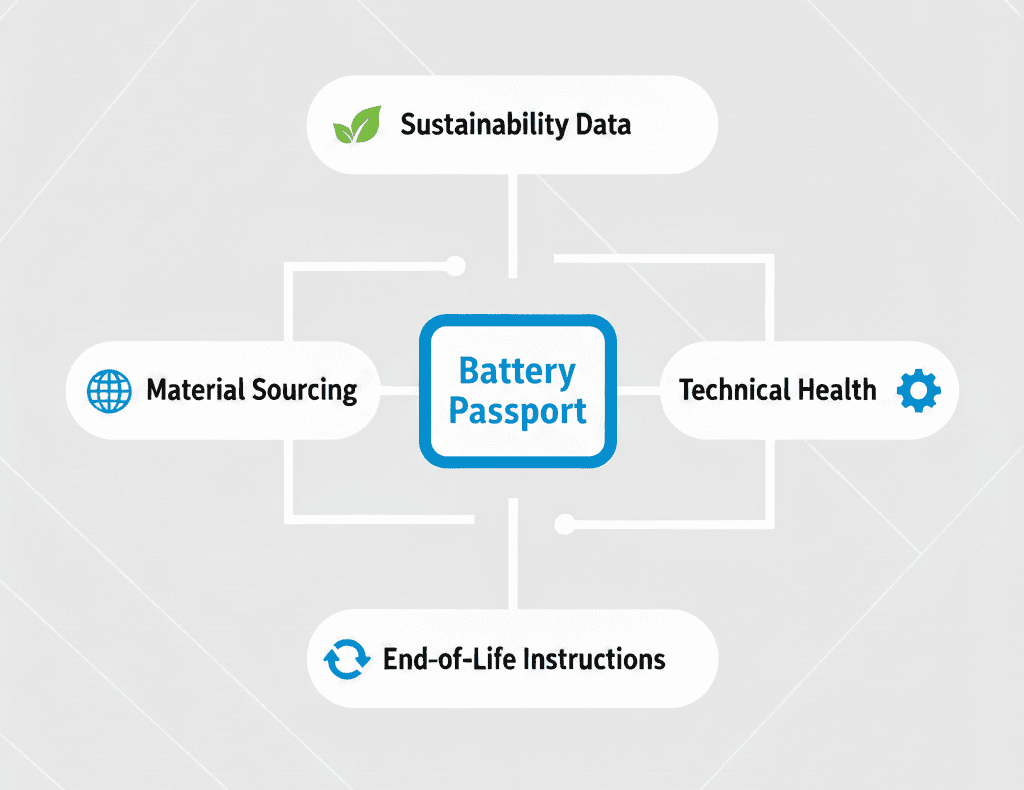 An infographic showing a battery icon in the center with four branches leading to 'Sustainability Data', 'Material Sourcing', 'Technical Health', and 'End-of-Life Instructions'.